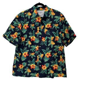 Penguin mens blue floral yellow hibiscus short sleeve button down aloha shirt Si